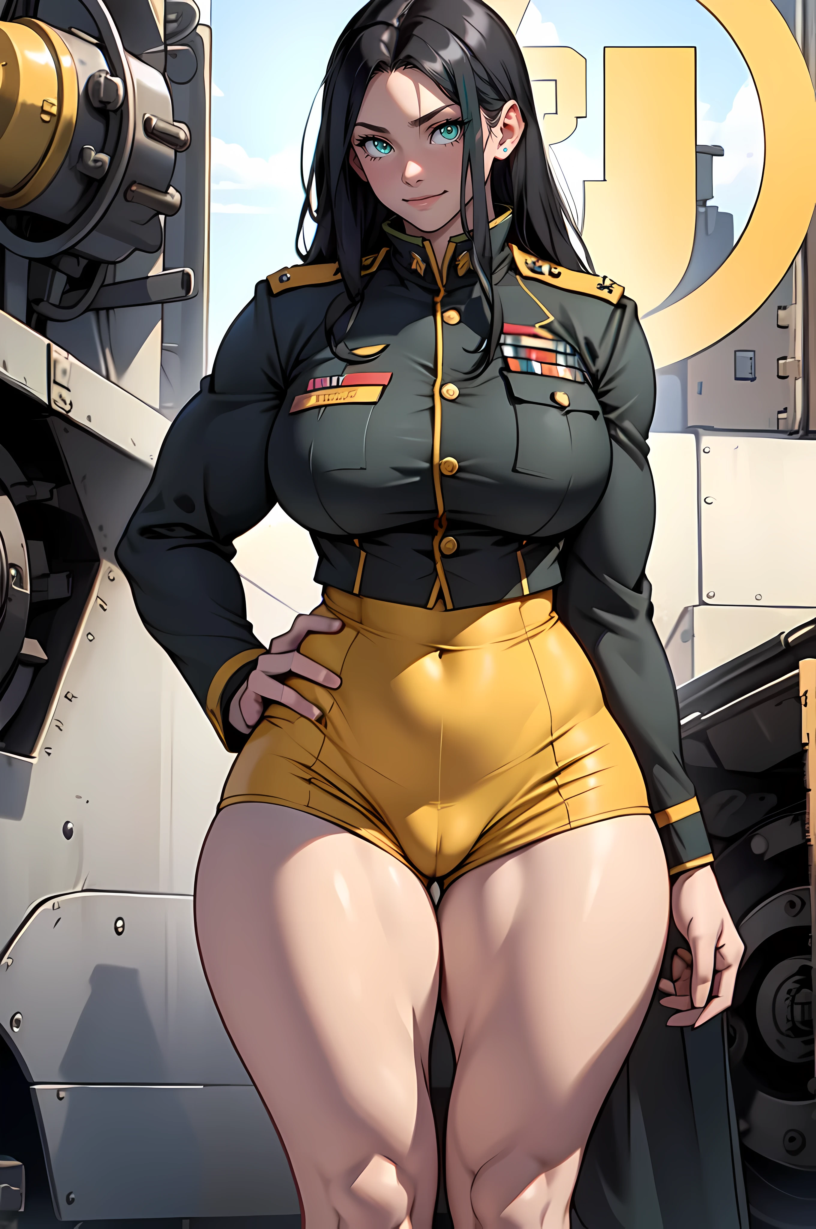 solo, 1 girl, (very long hair), black hair, happy, yellow eyes pale skin (wide hips thick thighs curvy muscular toned body bodybuilder huge tits) ((military uniform))