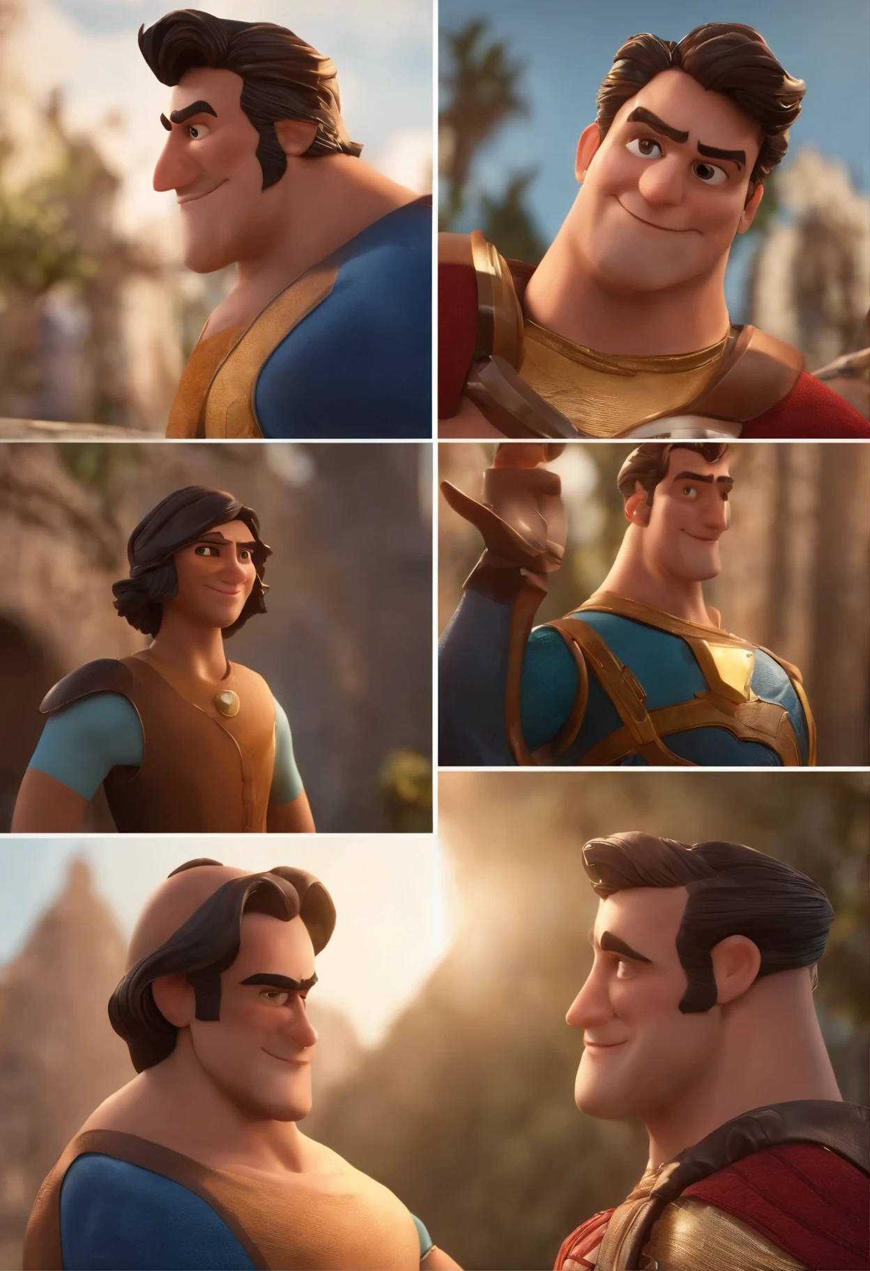 Personagens de desenho animado de dois homens, um personagem animado, Caractere estilizado, animation style rendering, 3D estilizado, Arnold Maya renderiza, 3d stylized rendering, toon rendering keyshot, Personagem 3D, Personagem 3D, Stylized 3D rendering, 3D character rendering, personagem de desenho animado, Personagem de close up, Pose de personagem, (Estilo Pixar) (parte mestre:1.2) (bokeh) (melhor qualidade) (pele detalhada) (textura detalhada) (8k) (cinematic lighting) ,Senta e vaza a parte superior do corpo com personagens de heroes e no fundo heroes, With the title of Bruno and Paulo, the film