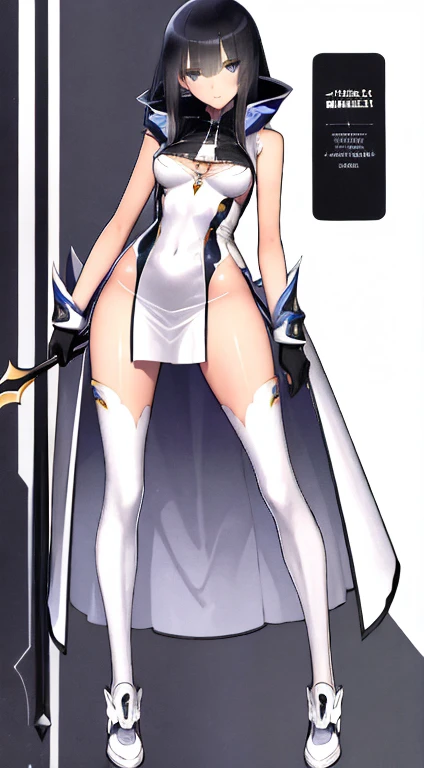 (((Best Quality))) , ((full body)), female, character design, solo, ( white background:1.3), holding staff, gloves, thigh high, side slit trench skirt, summer outfit, colorful outfit, bare arms, bareback, Bust Bodice, bare waist, standing, casual dress, bikini, theif,