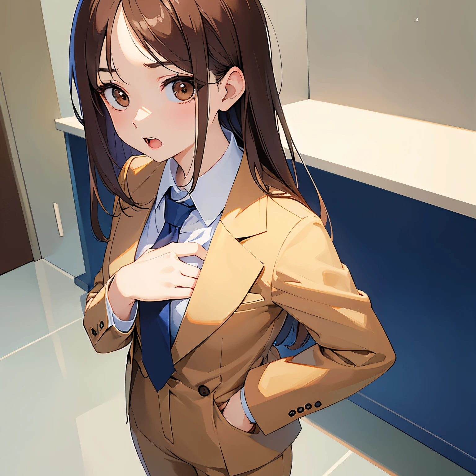 Placing hand on the chest, shooting from above、masterpiece、highest quality、 forehead, A 25-year-old woman with medium long hair and brown eyes with bright chestnut bangs.、wearing a beige suit、wearing beige pants、Wearing a blue tie、serious expression、open mouth, Are standing、The background is an office、bold composition、Upper body is shown、Alone、Close-up of your face