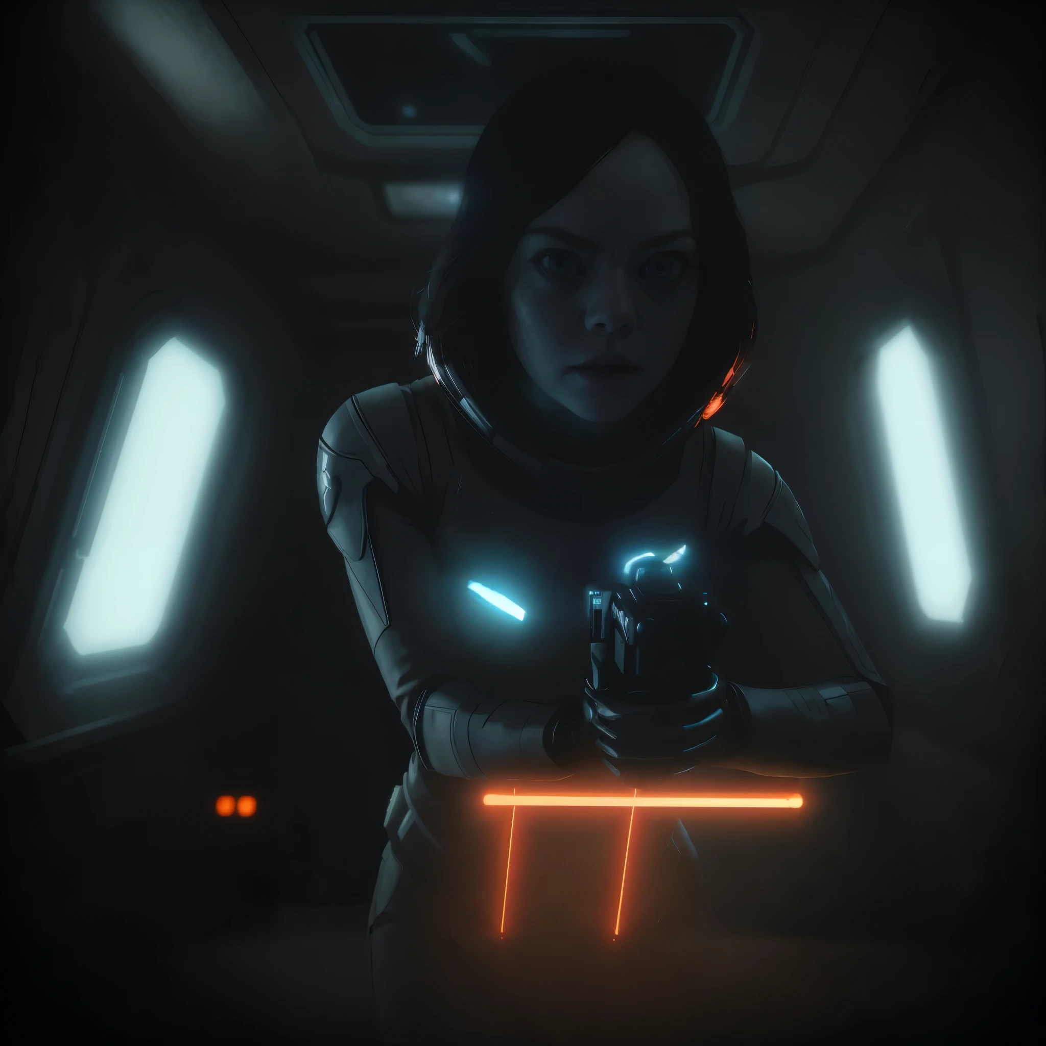 Hot terrified Sci fi Emma Stone holding a sci fi pistol on Ishimura Horror Space Ship photography, natural light, photorealism, cinematic rendering, ray tracing, the highest quality, the highest detail, Cinematic, Third-Person View, Blur Effect, Long Exposure, 8K, Ultra-HD, Natural Lighting, Moody Lighting, Cinematic Lighting