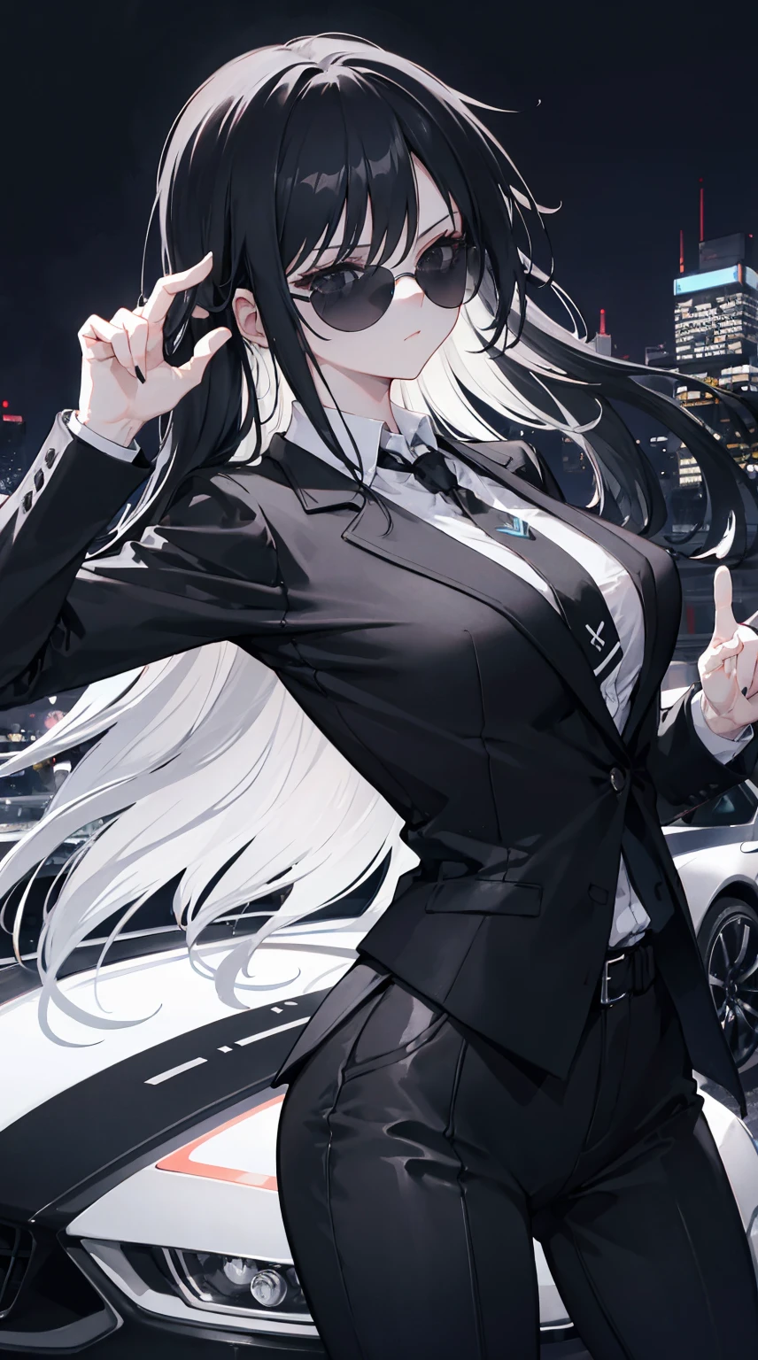 (masterpiece:1.2, best quality), 8k,Sharp focus, 1 cool woman posing in a sports car, long and messy hair, Wearing sunglasses, Wearing a black suit with a white shirt and tie,Dynamic pose, Night city background with beautiful lighting