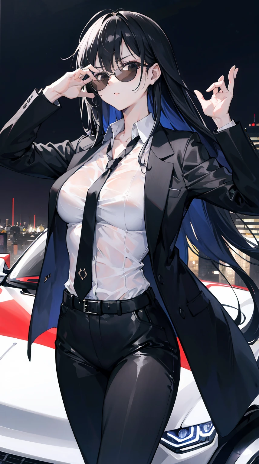 (masterpiece:1.2, best quality), 8k,Sharp focus, 1 cool  woman posing in a sports car, long and messy hair, Wearing sunglasses, Wearing a black suit with a white shirt and tie,Dynamic pose, Night city background with beautiful lighting