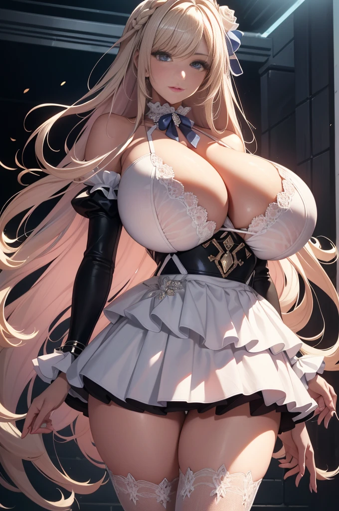 absurd, 8k, high resolution, Super detailed, beautiful, masterpiece, best quality, very beautiful women, young, very beautiful women, blackminiskirt, open white shirt, black heels, blue eyes, Sexy, Detailed female face, Very charming, (very huge big breasts: 1.5), long, Very straight hair, light-blonde hair,