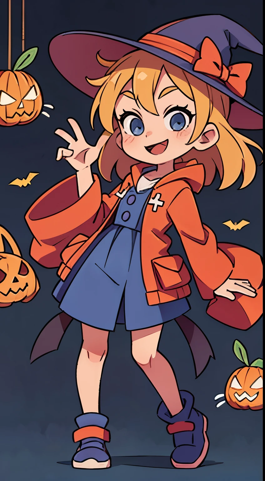 Cute Halloween Theme、full body Esbian、Eye Up、A smile、 wave her hand、Glamorous Hat、Halloween Accessories、Draw clothes buttons and pockets in a Halloween style、Cute shoereasts are large