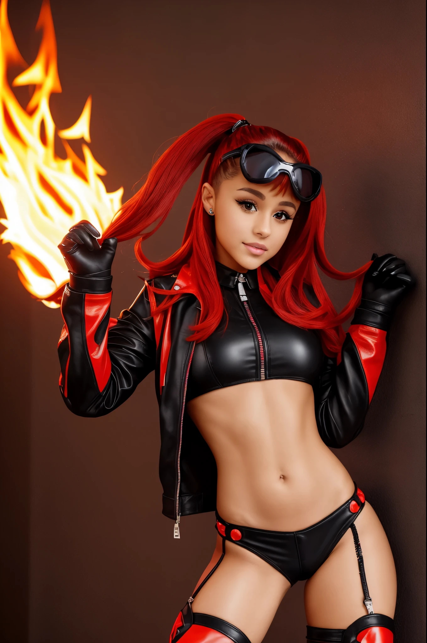 Ariana Grande from tenguen toppa gurren laggan, cute. bikini top with flames print under leather jacket, black leather shorts, red hair, gloves,
