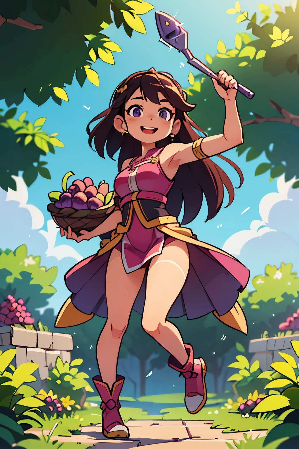 Octane Render、(Hyper-detailing: 1.15)、(Soft light、sharp: 1.2)、morning、Harvesting grapes, Enjoy grape picking、full body Esbian、Distinctive ethnic hair ornamentarm Bootuji Film, F/4.0, masutepiece, Anatomically correct、A smile, radiant light