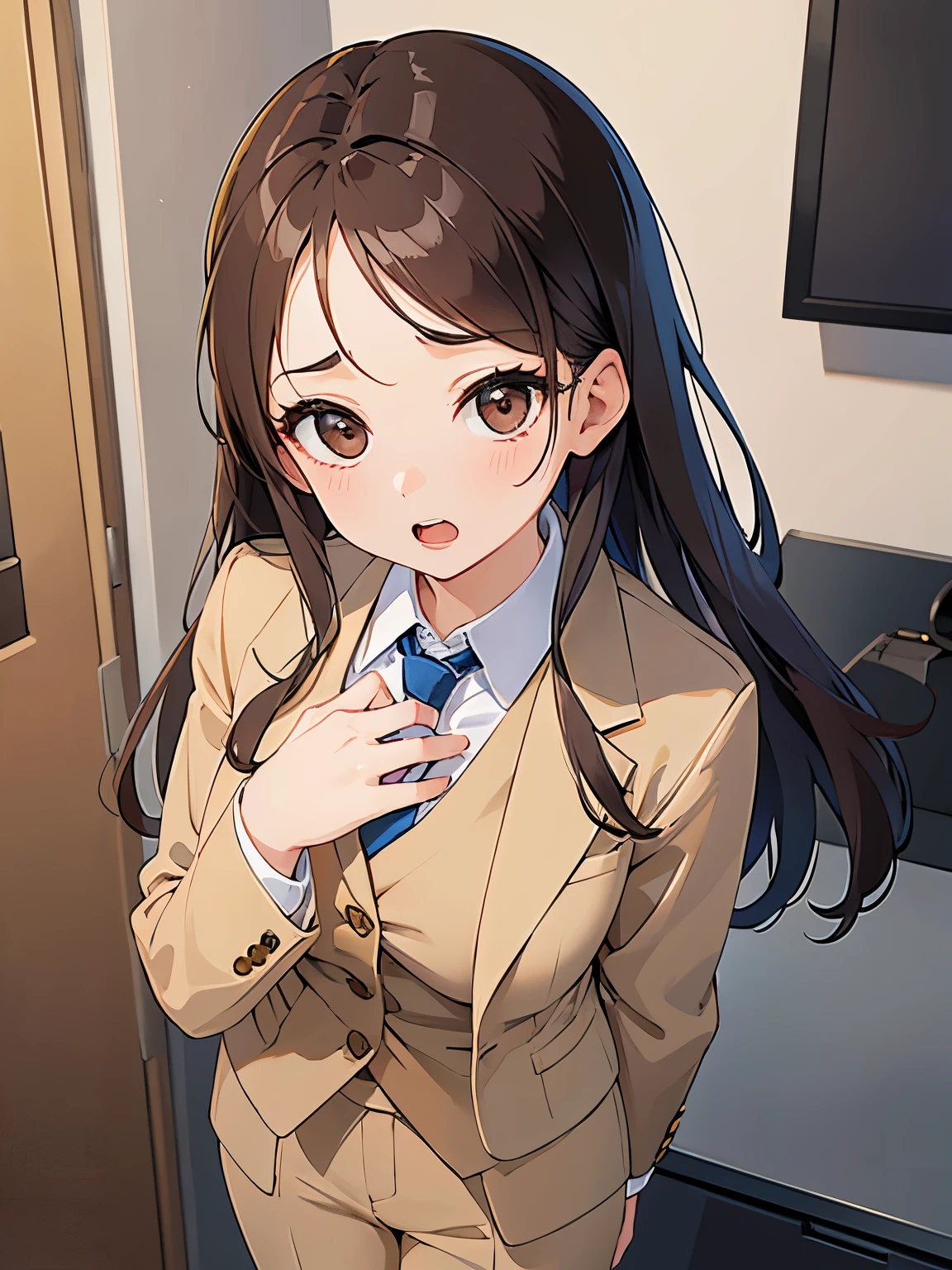 Placing hand on the chest, shooting from above、masterpiece、highest quality、 forehead, A 25-year-old woman with medium long hair and brown eyes with bright chestnut bangs.、wearing a beige suit、wearing beige pants、Wearing a blue tie、serious expression、open mouth, Are standing、The background is an office、bold composition、Upper body is shown、Alone、Close-up of your face