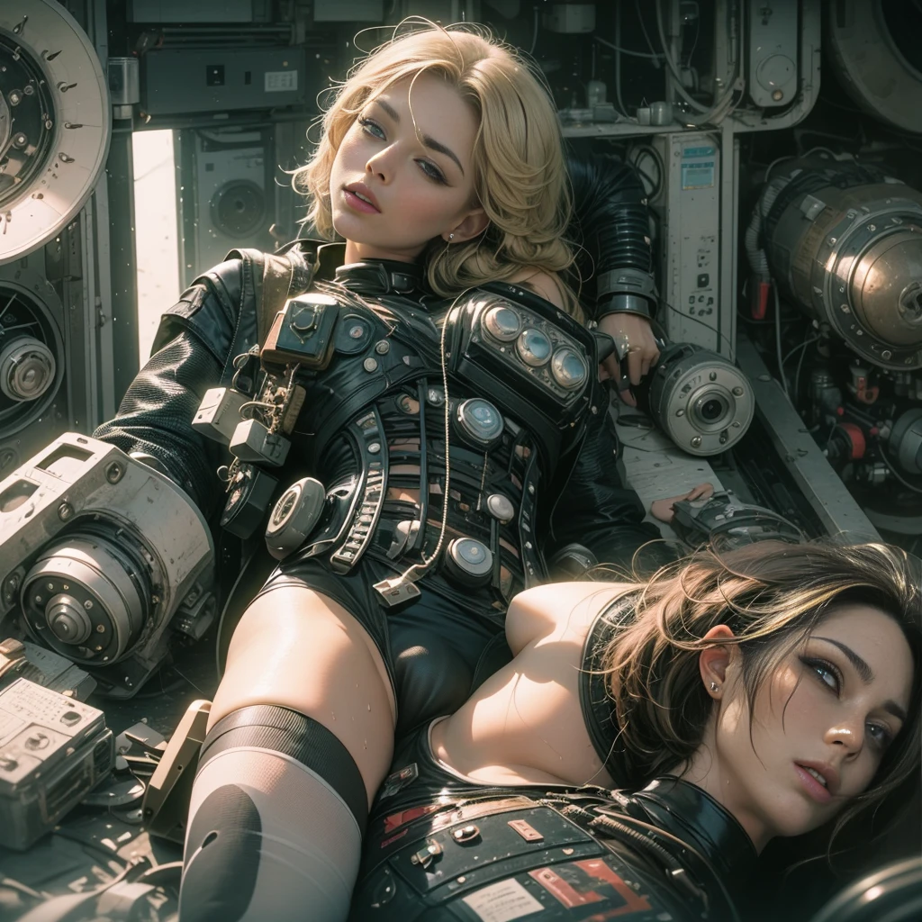 cyberpunk, American movie actress, worldly beauty, robot parts, (high resolution, young blonde beauty), very big, very small underwear, protruding, crotch wide open, boob shape clearly visible, pubic area clearly visible, crotch wide open, underwear that sticks to wet skin, lying on bed