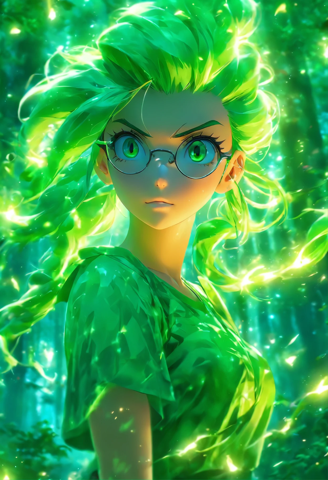 (best quality,4k,8k,highres,masterpiece:1.2),ultra-detailed,(realistic,photorealistic,photo-realistic:1.37), female with glowing emeraude sweet eyes with glasses, green hair in a ponytail, casting glowing green wind spells, mystical forest, illustration, enchanted atmosphere, vibrant colors, soft lighting