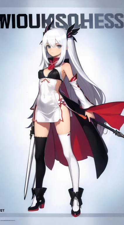 (((Best Quality))) , ((full body)), female, character design, solo, ( white background:1.3), holding staff, thigh high, side slit trench skirt, summer outfit, colorful outfit, bare arms, bareback, Bust Bodice, bare waist, standing, casual dress, bikini,