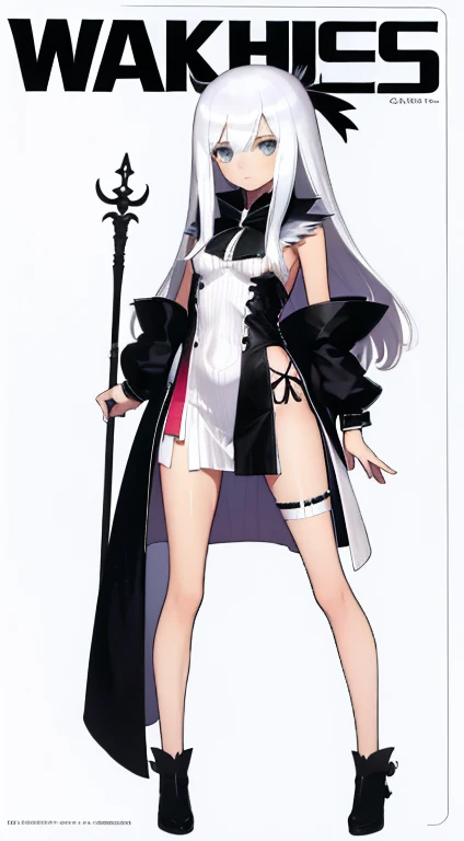 (((Best Quality))) , ((full body)), female, character design, solo, ( white background:1.3), holding staff, thigh high, side slit trench skirt, summer outfit, colorful outfit, bare arms, bareback, Bust Bodice, bare waist, standing, casual dress, bikini,