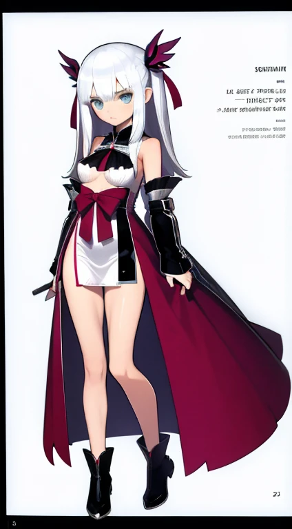 (((Best Quality))) , ((full body)), female, reference sheet, solo, (white background), thigh high, silver hair, dark red outfit, fantasy outfit, sword,
