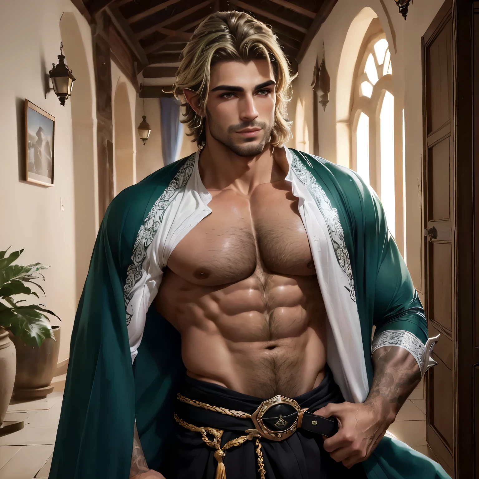 homem arafiado com um manto verde e uma camisa branca, handsome prince of persia, macho robusto e atraente com armadura, muscular male hero, como um personagem de fantasia medieval, Cory Chase como Atlante, muscular magic man, homem bonito, retrato masculino de fantasia, forte e imponente, macho atraente com armadura, homem bonito, lindo elfo masculino