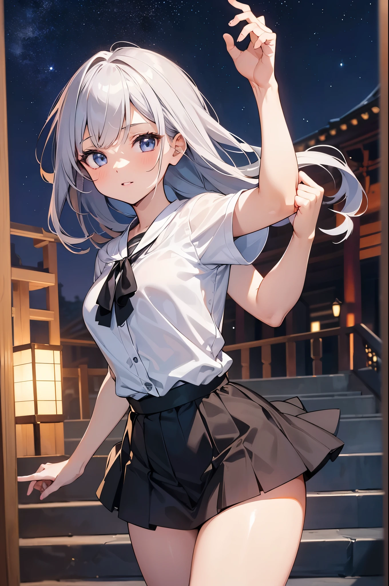 1 girl, , UHD, retina, masterpiece, precise, anatomically correct, textured skin, Super details, high detail, high quality, Award-winning, best quality, high resolution, HD, 4K,(Japanese cartoons,8k,masterpiece, quality, best quality,Beautiful and beautiful:1.2,Professional illustration:1.1,Ultra-detailed:1.perfect lighting),extremely detailed,most detailed,Extremely ridiculous,high resolution,Ultra-detaileded,complex:1.6, butt lift，cute pose，(miniskirt，Blouse，staircase，night，starry sky)，