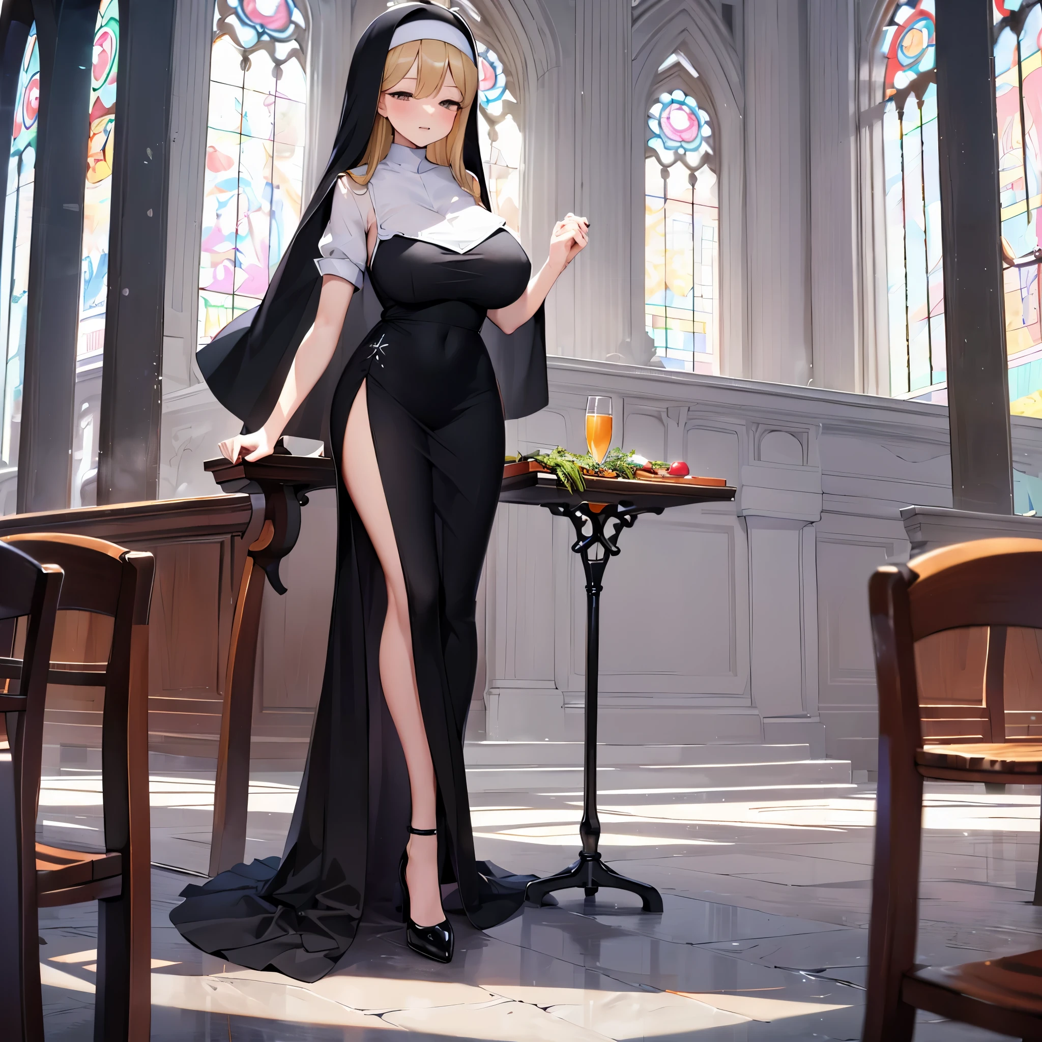 (solo 1 praying cute nun:1.3) standing in church, (praying with holding hands together over chest), very thin, (black sheer long dress:1.5), (gigantic breasts:1.3), (bursting perky breasts:1.2), (black sheer long skirt:1.4), inconceivably thin waist, closing eyes, nose blush, open mouth, (heavy breathing:1.2), stained glass, full body, 8k, ultra-detailed, masterpiece, beautiful detailed hair