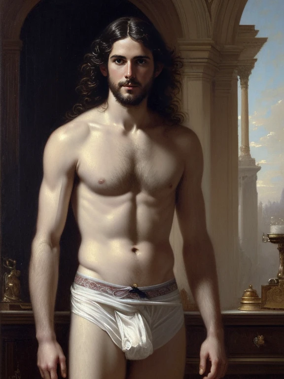 Oil painting, French style, Full body, beautiful 30 year old male, pubic hair, style by greg rutkowski, youthful, handsome french, shirtless, SCIENCE FICTION, long wavy hair, smooth soft skin, intricate details, highly detailed, by greg rutkowski, regency era, classic art, ((briefs)), full body