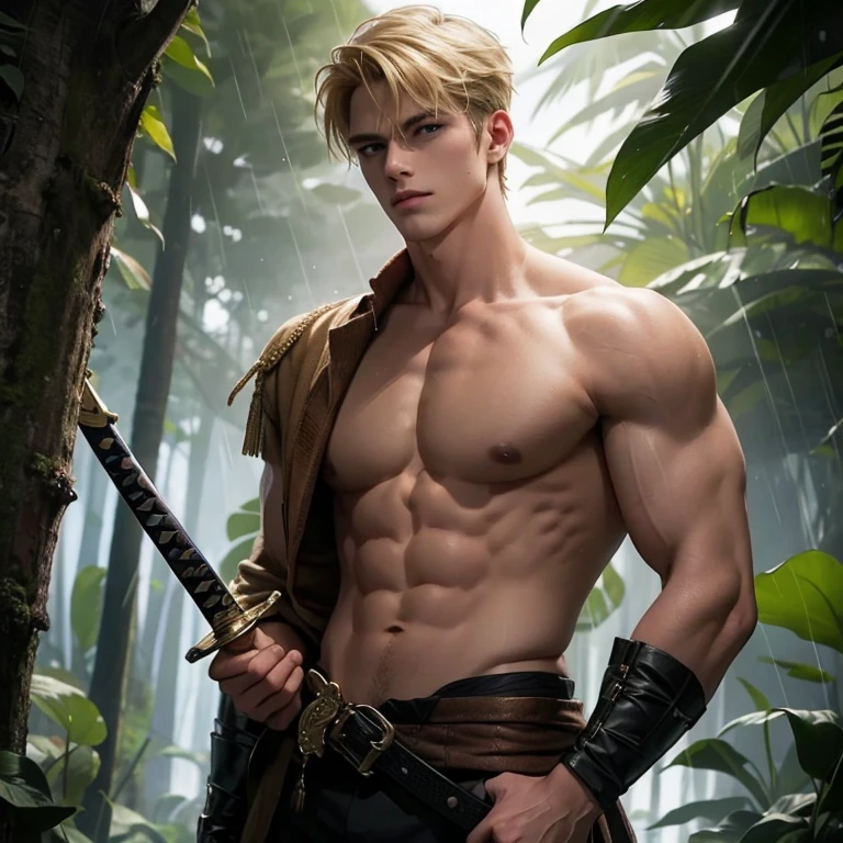 A handsome boy with the blonde hair,he is carrying a sword,he is at the rain forest