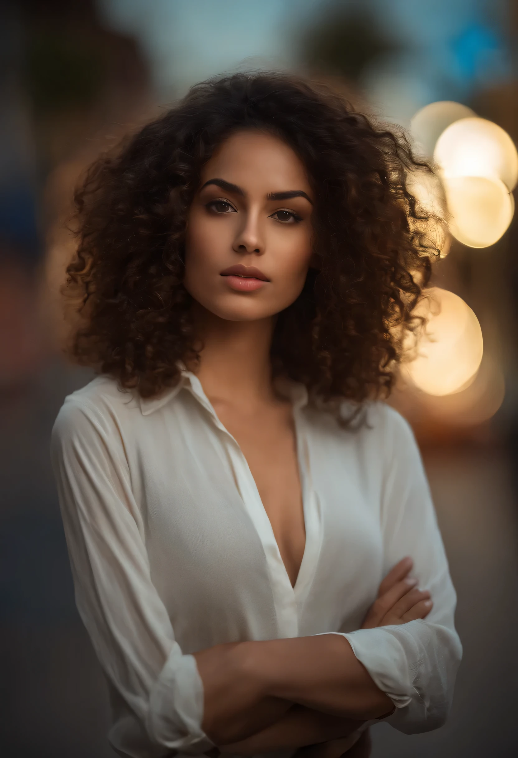 (sharp focus:1.2), photography, Pretty young Brazilian woman portrait, (beautiful face:1.1), detailed eyes, lush lips, (Cat eye makeup:0.85), (Big eyes:1.0), (toned body :1.2), (medium length curly hair:1.2), (body curvature:1.2), Using (break:1.2) in a (Street:1.2). (moody lighting:1.2), depth of field, Bokeh, 4K, Hdr. by (Jacques C. Christensen:1.2|Jeremy Lipking:1.1), white and black, mixed girl.