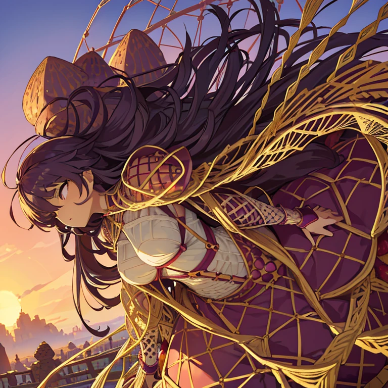 A girl with long afro hair flying low in the air covered in boiling large strawberry cake armor serving a large purple potato jam、amazing dynamism、amazing angle、unstable buoyancy sandstorm、((Lots of friendly oversized dried fruit cubes chase you in a floating latticework))))()((Surround each other'large lattice straw))hexagonal lattice straw