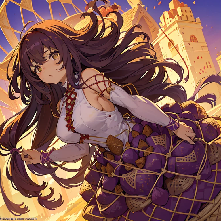 A girl with long afro hair flying low in the air covered in boiling large strawberry cake armor serving a large purple potato jam、amazing dynamism、amazing angle、unstable buoyancy sandstorm、((Lots of friendly oversized dried fruit cubes chase you in a floating latticework))))()((Surround each other'large lattice straw))hexagonal lattice straw