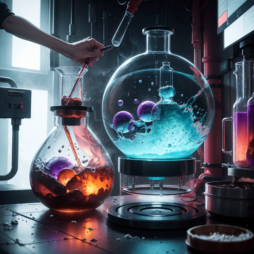 scifi,laboratory,glass flask,frontview,dirty table,sience,experimental setup,blue,pink,green,purple,red,orange,bubbling smoking round boiling flask,absurdres,high res,ultrasharp,8K,Masterpiece