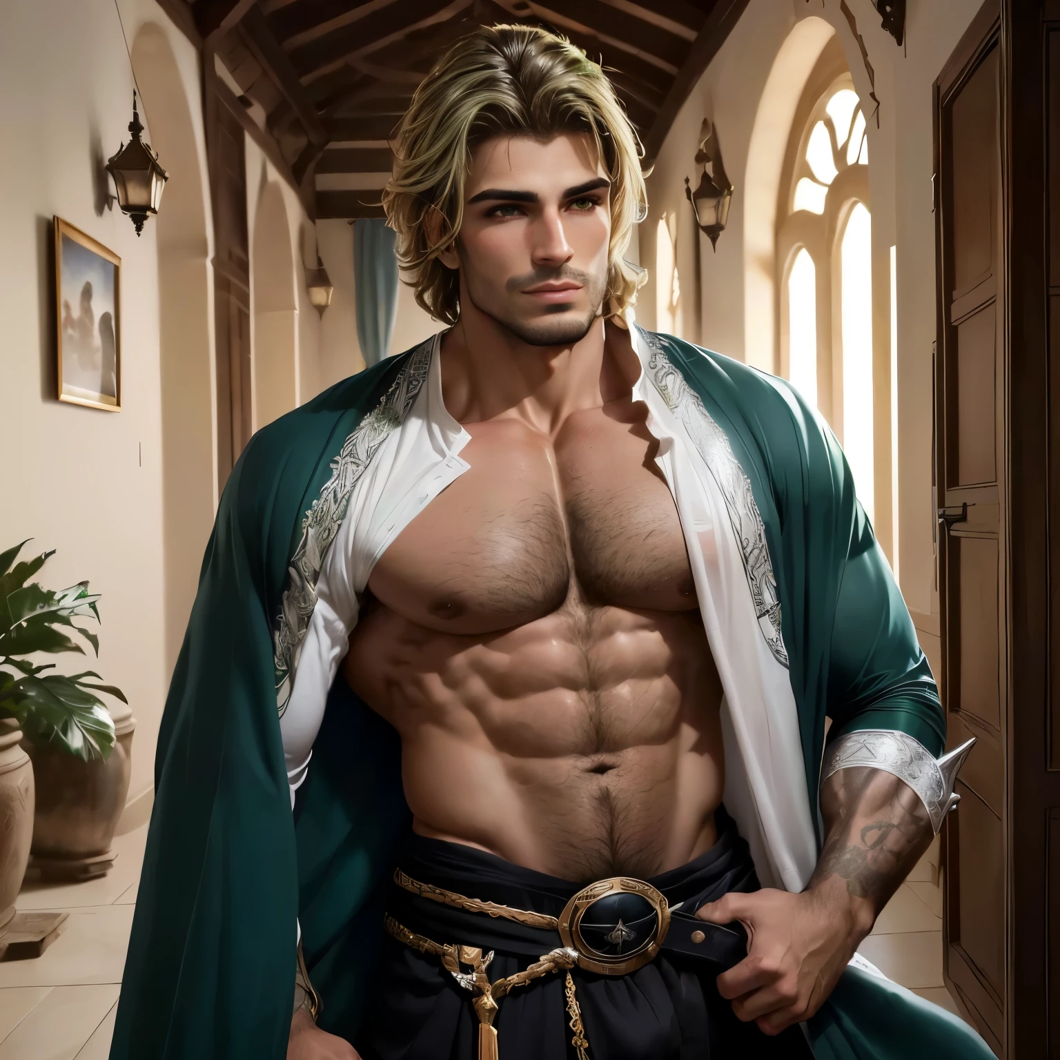 homem arafiado com um manto verde e uma camisa branca, handsome prince of persia, macho robusto e atraente com armadura, muscular male hero, como um personagem de fantasia medieval, Cory Chase como Atlante, muscular magic man, homem bonito, retrato masculino de fantasia, forte e imponente, macho atraente com armadura, homem bonito, lindo masculino