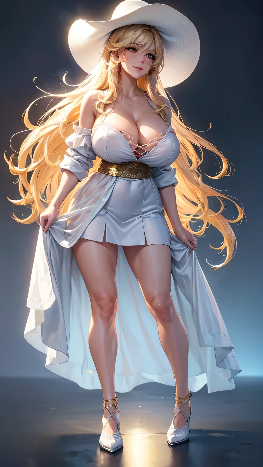 (best quality:1.5, highres, UHD, 4K, detailed lighting, shaders), gold wavy hair, gradient hair, large breasts, white shirt, white skirt jeans, mature woman , white Witcher hat, (pov), white background, colorful red eyeshadow, dramatic lighting, smile eyepression, golden earrings, flowing hair, delicate facial features, soft skin, high cheekbones, white background, stand up, lean forward, full body