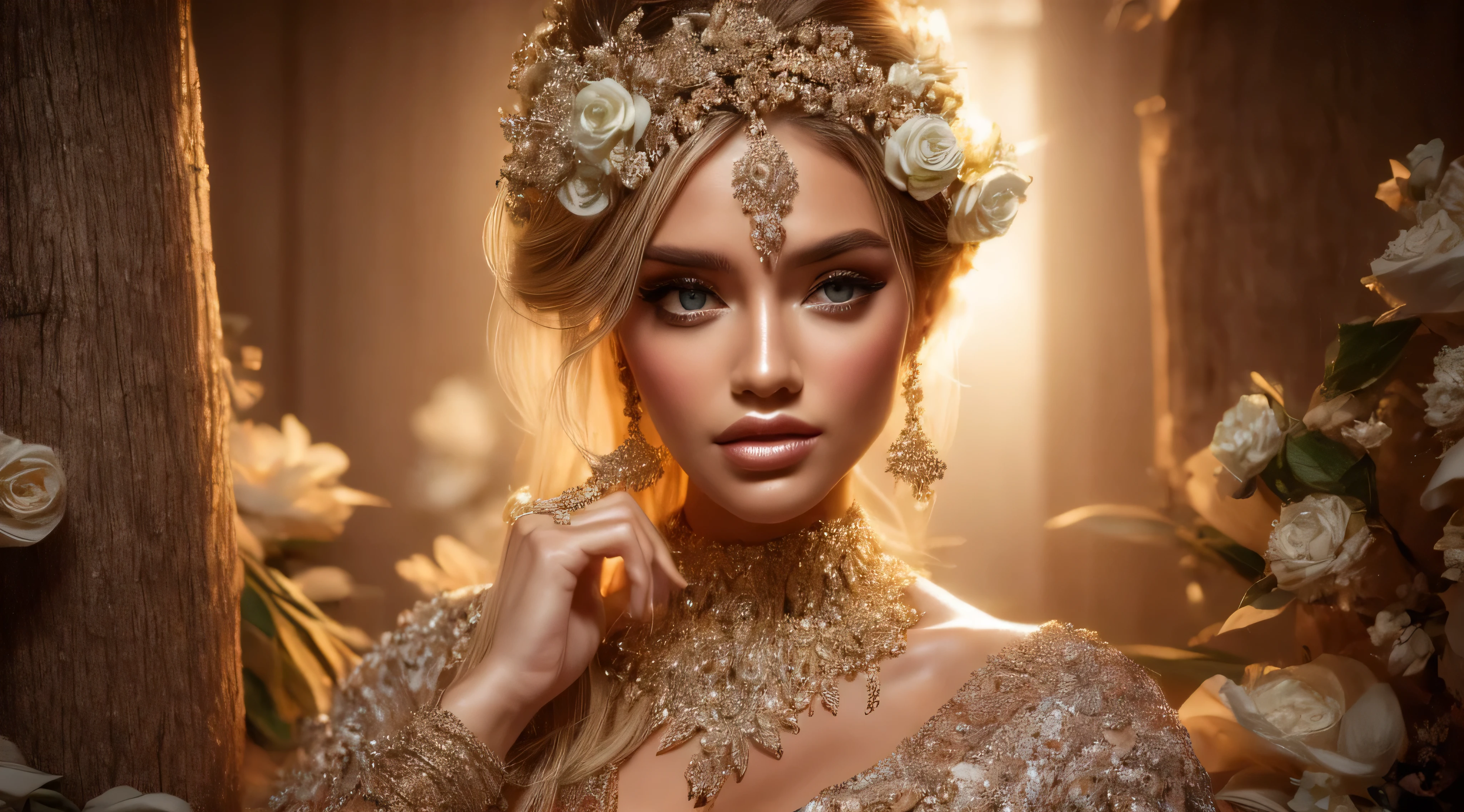 ((melhor qualidade: 1.5)), ((obra de arte: 1.5)), (hiper-realista), (detalhes intrincados) (volumetric), arte oficial, papel de parede da unidade 8k, beautiful and aesthetic, cores vivas, elegante, dynamic angle, tiro de vaqueiro, a mais bela forma de caos, atmospheric, romantismo, design brutalista, (zenemaranhado, mandala, emaranhado, enemaranhado), (flower ecstasy: 1.2)arte conceitual, detalhes intrincados, altamente detalhado, fotorrealista, [OTOY Octane rendering], Motor irreal, Dynamic Pose, high resolution, (rosto realista: 1.1), (hiperrealista: 1.1), Olhos Perfeitos, Penteado, perfect hands, extremely fundo detalhado, dynamic background, (estilo-swirlmagic: 0.9), olhando para baixo, Sozinho, tronco, fundo detalhado