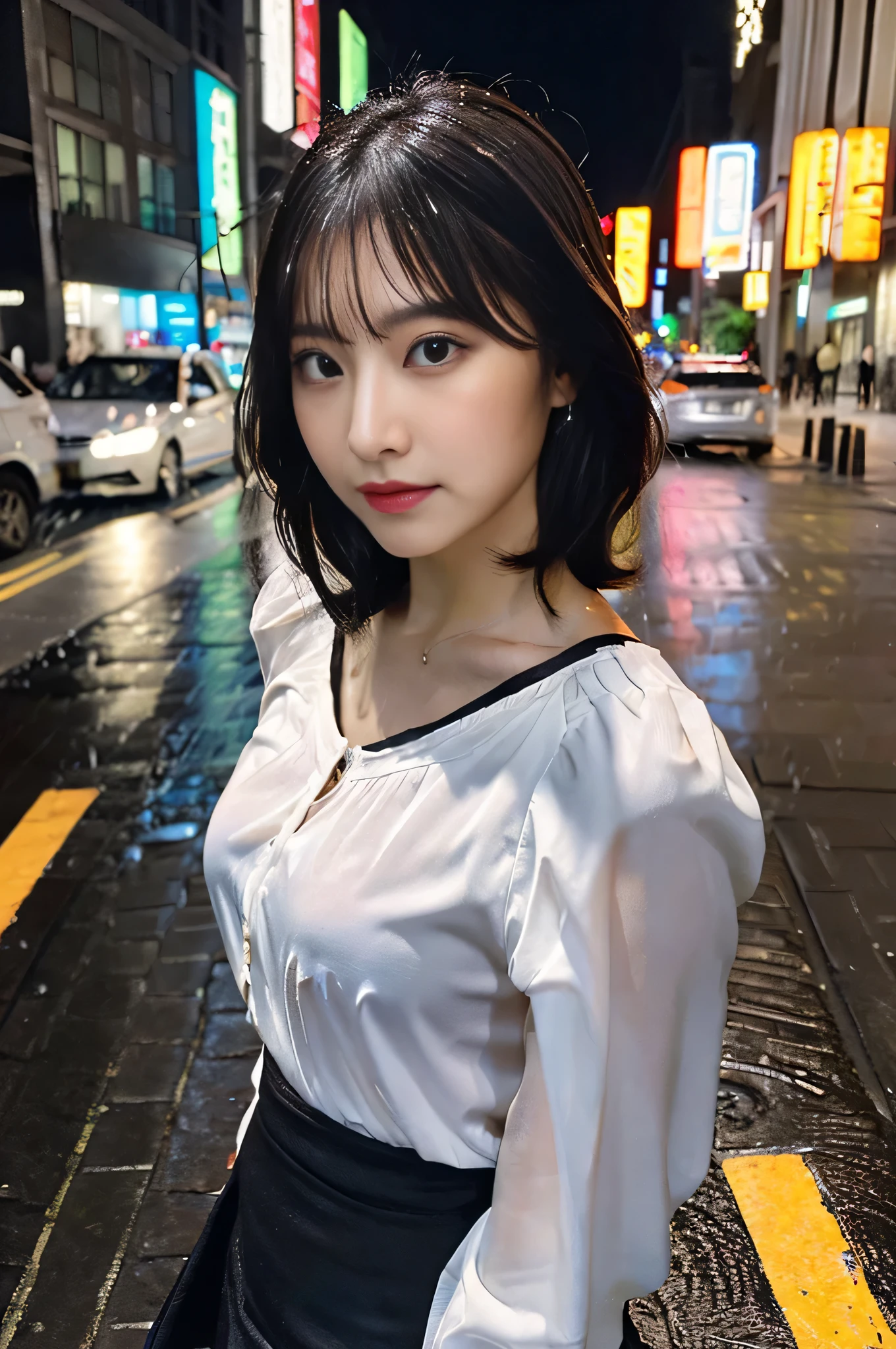 (highest quality,8k,masterpiece),
A woman standing in the middle of the road,standing with legs apart, 24-years-old, ((beautiful face)), (wet clothes:1.4), ((Real rain)), ((wet hair)), (Rain drips all over the body),
Wavy short bob hair,
big breasts,depicting genitals,Peaches,armpit,Peachesを強調,太Peaches,
brown eyes, ((Shining Eyeshadow)), (prominent eyelashes),
glossy lips, (White blouse with open chest), (black tight skirt:1.3), (black high heels:1.2), black bra,
townscape, Despair, first person perspective, Breasts F/2.8, 135mm, nikon, muste piece, anatomically correct, advanced details, best quality, hard disk,
City of night,neon,