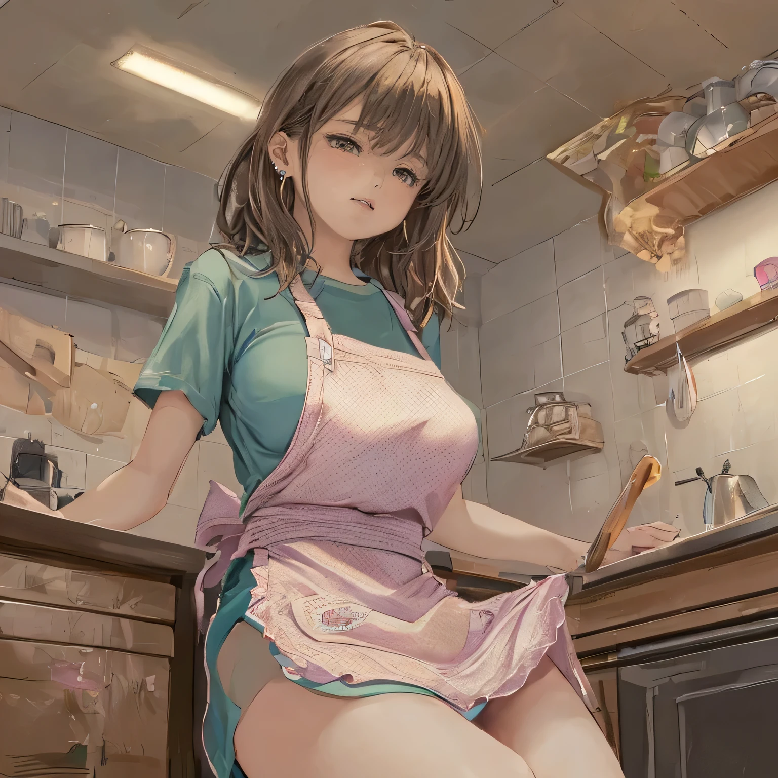 (((an image drawn using only giant colored square like a 16-bit game's graphic, minimum resolution, used only 16 colors, dithering for shading))), (drooping eyes, angle from below), (a woman raise leg to straddle the edge of kitchen counter for masturbation), naked and thin apron, panties, ((only one precisely drawn areola is sticking out from the apron)), tiny earrings,