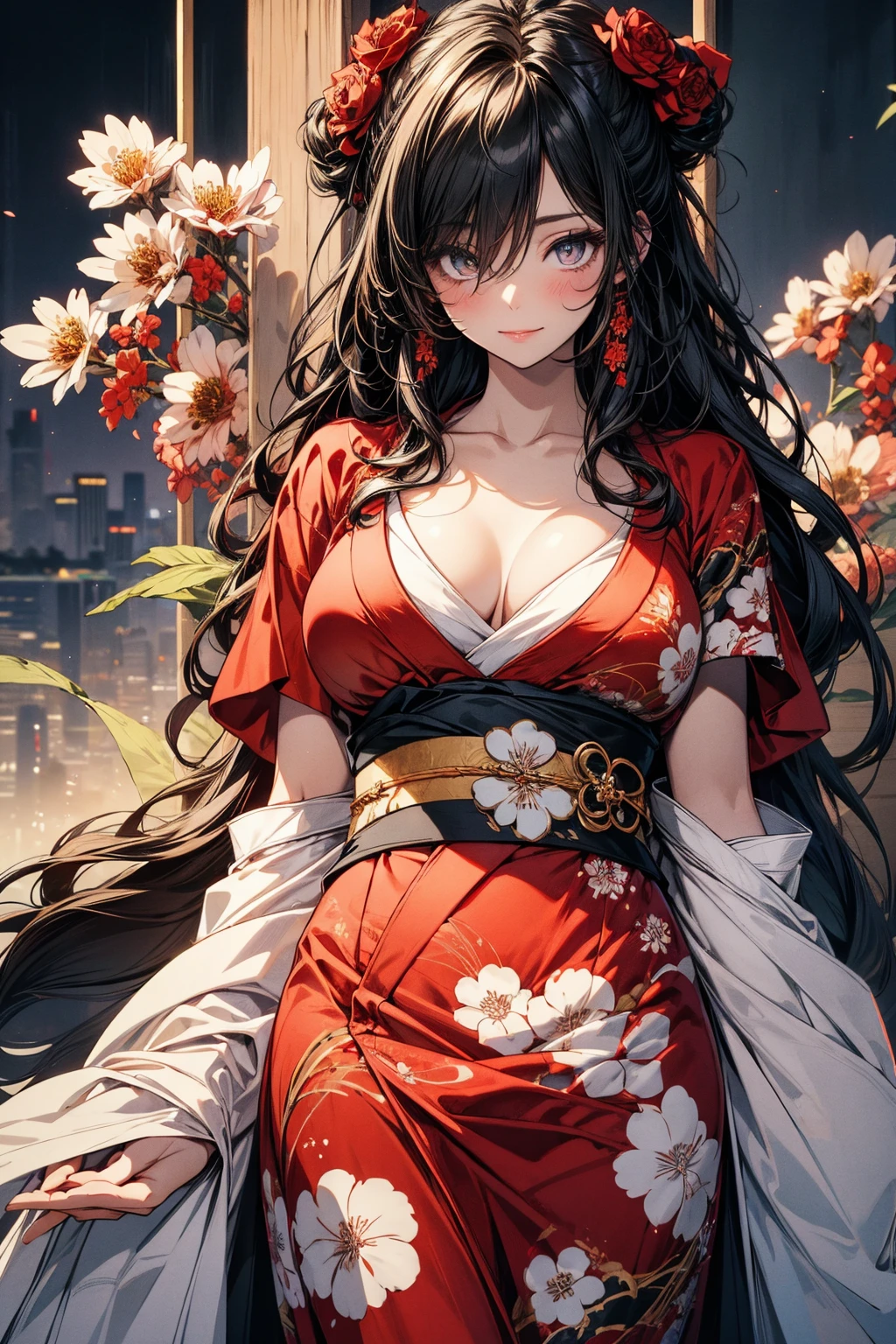 (Masterpiece, best quality), (ultra high resolution, 8K RAW photo, photo realistics:1.5, textile shading, pale tones, thin outline), matured woman in a kimono, sitting with hugging a teddy bear, (wearing light purple hanfu:1.2), (wearing japanese kimono:1.2, traditional japanese, japanese clothes), (classy yukata clothing, flowers printing in clothes), wearing a haori, (matured woman, milf:1.5, 28 years old, solo), (large breast, sagging breast, big tits, narrow waist, big ass, curvy bodies), (medium hair, hair over one eye, asymmetric hair, half updo hair), (bright pupils, detailed eyes, high detailed face, half closing eyes), eye rush, (smileing, shamed), (looking at viewers:1.3), (dynamic angle, from little above:0.7), (correct anatomy:1.5, correct hands), (ideal ratio of body proportions),