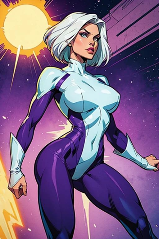 Best quality, comics caracter,super hero,woman,white hair,látex Leotard Green and purple,tights