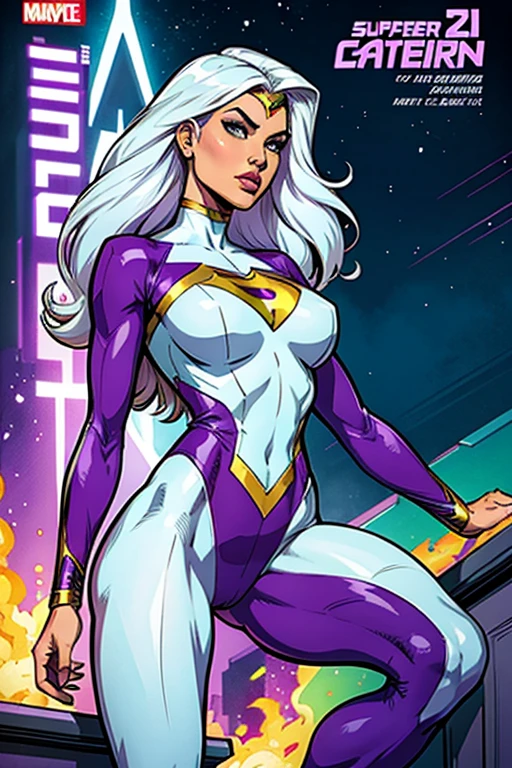 Best quality, comics caracter,super hero,woman,white hair,látex Leotard Green and purple,tights