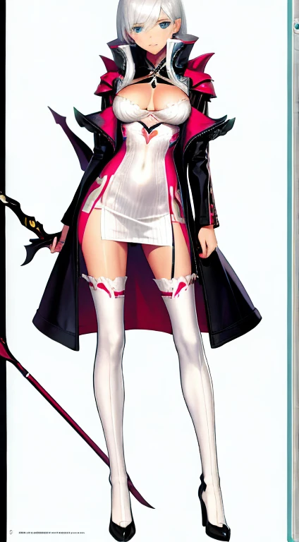 (((Best Quality))) , ((full body)), female, character design, solo, ( white background:1.3), holding staff, gloves, thigh high, side slit trench skirt, summer outfit, colorful outfit, bare arms, bareback, Bust Bodice, bare waist, standing, backless casual dress, bikini, sideless skirt,