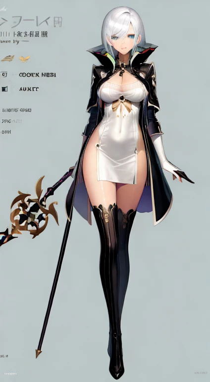 (((Best Quality))) , ((full body)), female, character design, solo, ( white background:1.3), holding staff, gloves, thigh high, side slit trench skirt, summer outfit, colorful outfit, bare arms, bareback, Bust Bodice, bare waist, standing, backless casual dress, bikini, sideless skirt,