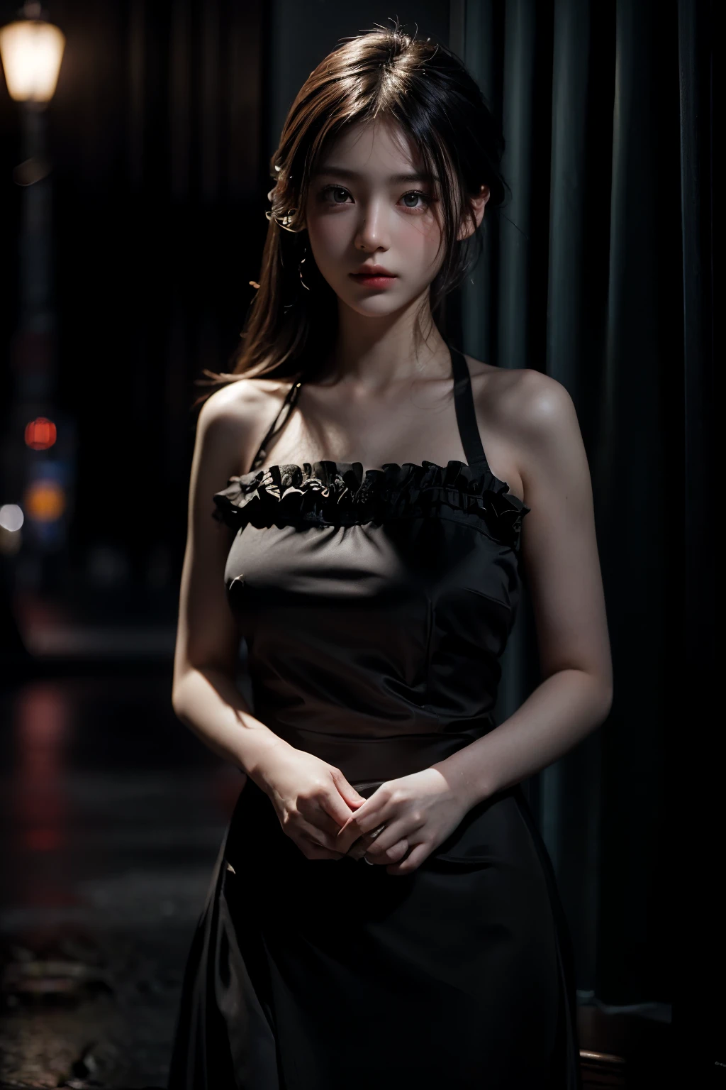 1 girl, (Looking at Viewer:1.2), detail face, (Standing Girl, Lending at CG Society, Black Shadow, streaming, New York Background), romanticism, Atmospheric, (Raw photo, best quality), (Reality, photo-Reality:1.3), muste piece, very delicate and beautiful, Extremely detailed,