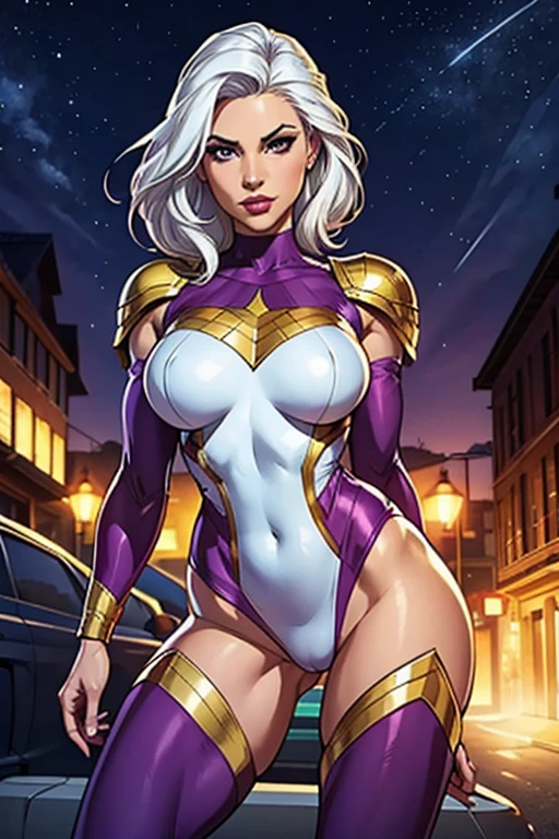 Best quality, comics caracter,super hero,woman,white hair,látex Leotard Gold and purple,tights