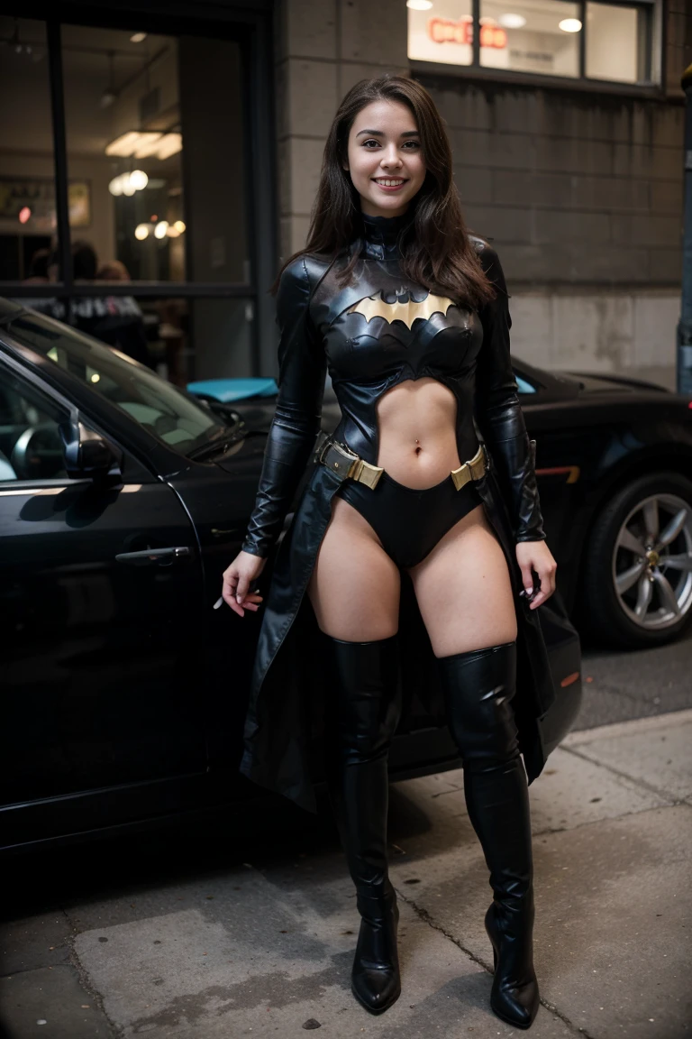 photos D&#39 :  cute brunette, tall and slim. she wears a black realistic Batman costume. she is standing next to the Batmobile. We can see her entirely. she smiles. she is in Gotham city.