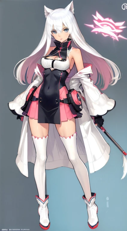 (((Best Quality))) , ((full body)), female, character design, solo, ( white background:1.3), holding staff, gloves, thigh high, side slit trench skirt, summer outfit, colorful outfit, bare arms, bareback, Bust Bodice, bare waist, standing, backless casual dress, bikini, sideless skirt,