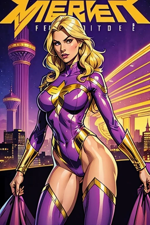 Best quality, comics caracter,super hero,woman,blonde hair,látex Leotard Gold and purple,tights