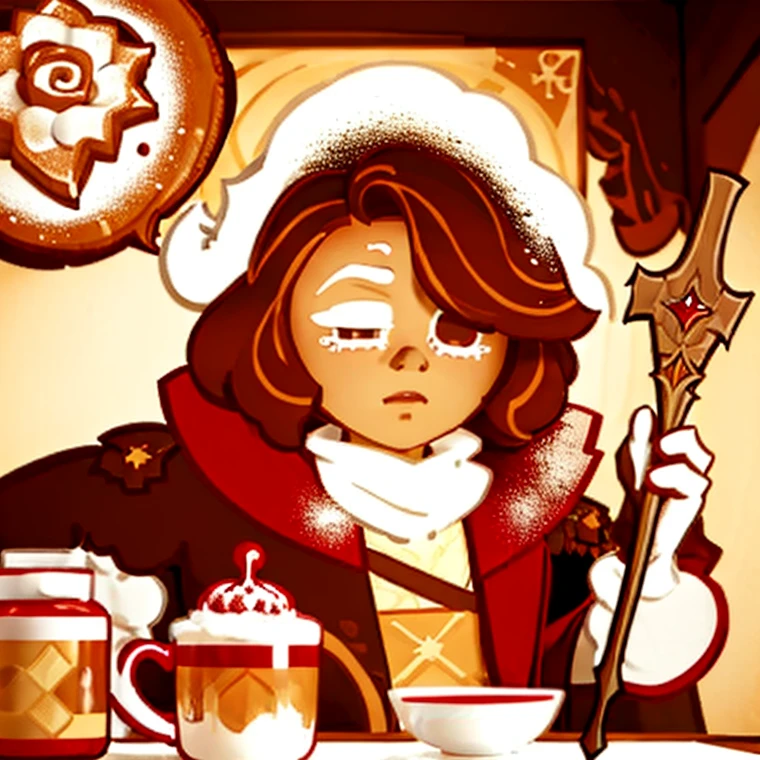 Cinnamon French Toast Cookie, Cinnamon Sword, Medium Syrup Hair, Hair over eye, Dark Brown Jacket