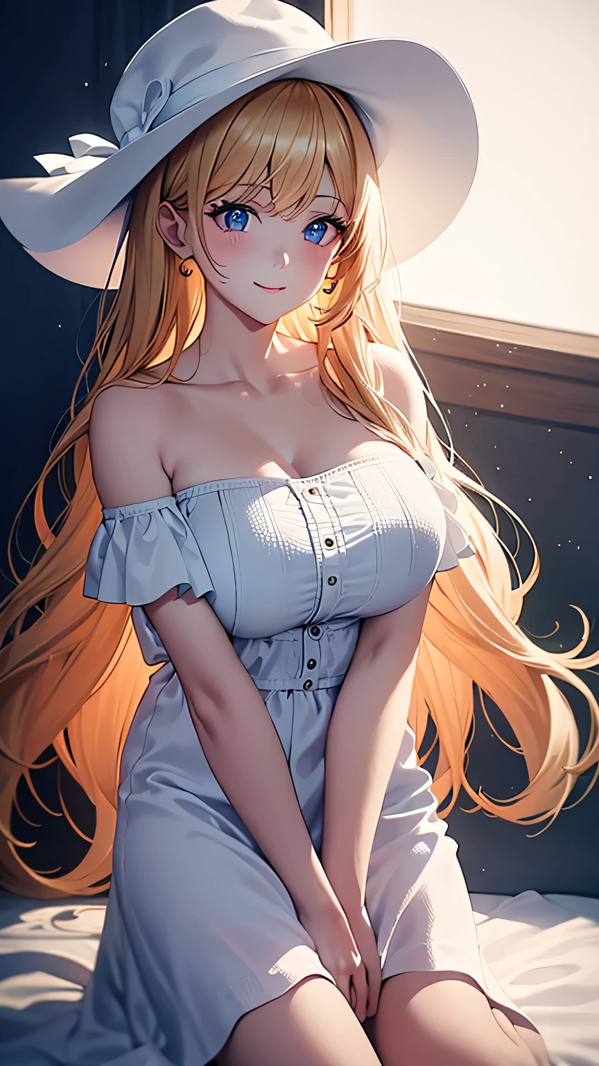 (best quality:1.5, highres, UHD, 4K, detailed lighting, shaders), gold wavy hair, gradient hair, large breasts, white shirt, white skirt jeans, mature woman , white Witcher hat, (pov), white background, colorful red eyeshadow, dramatic lighting, smile eyepression, golden earrings, flowing hair, delicate facial features, soft skin, high cheekbones, white background, stand up, lean forward, full body