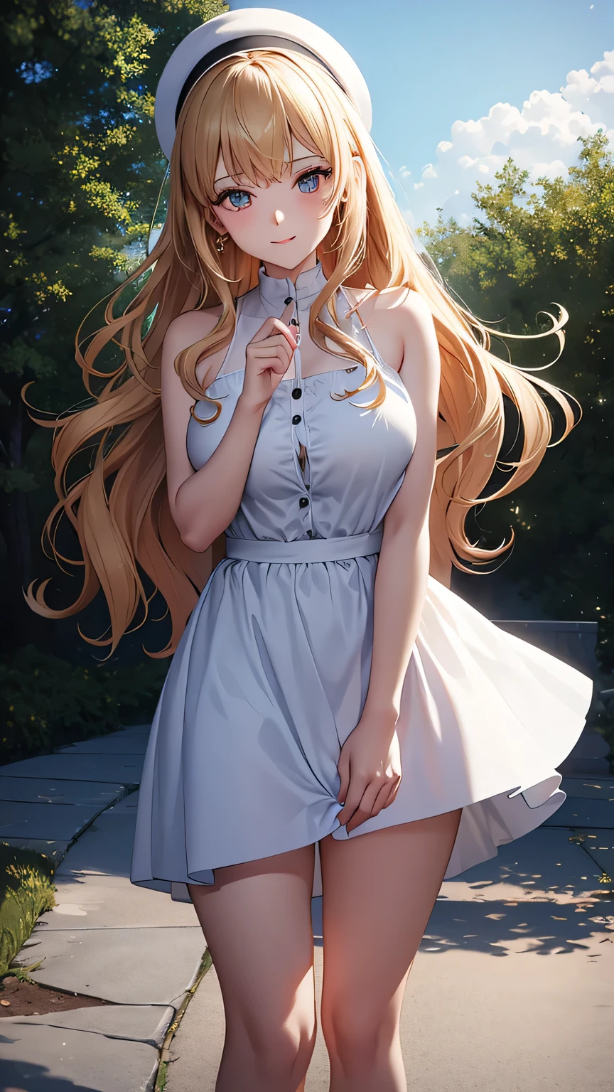 (best quality:1.5, highres, UHD, 4K, detailed lighting, shaders), gold wavy hair, gradient hair, large breasts, white shirt, white skirt jeans, mature woman , white Witcher hat, (pov), white background, colorful red eyeshadow, dramatic lighting, smile eyepression, golden earrings, flowing hair, delicate facial features, soft skin, high cheekbones, white background, stand up, lean forward, full body