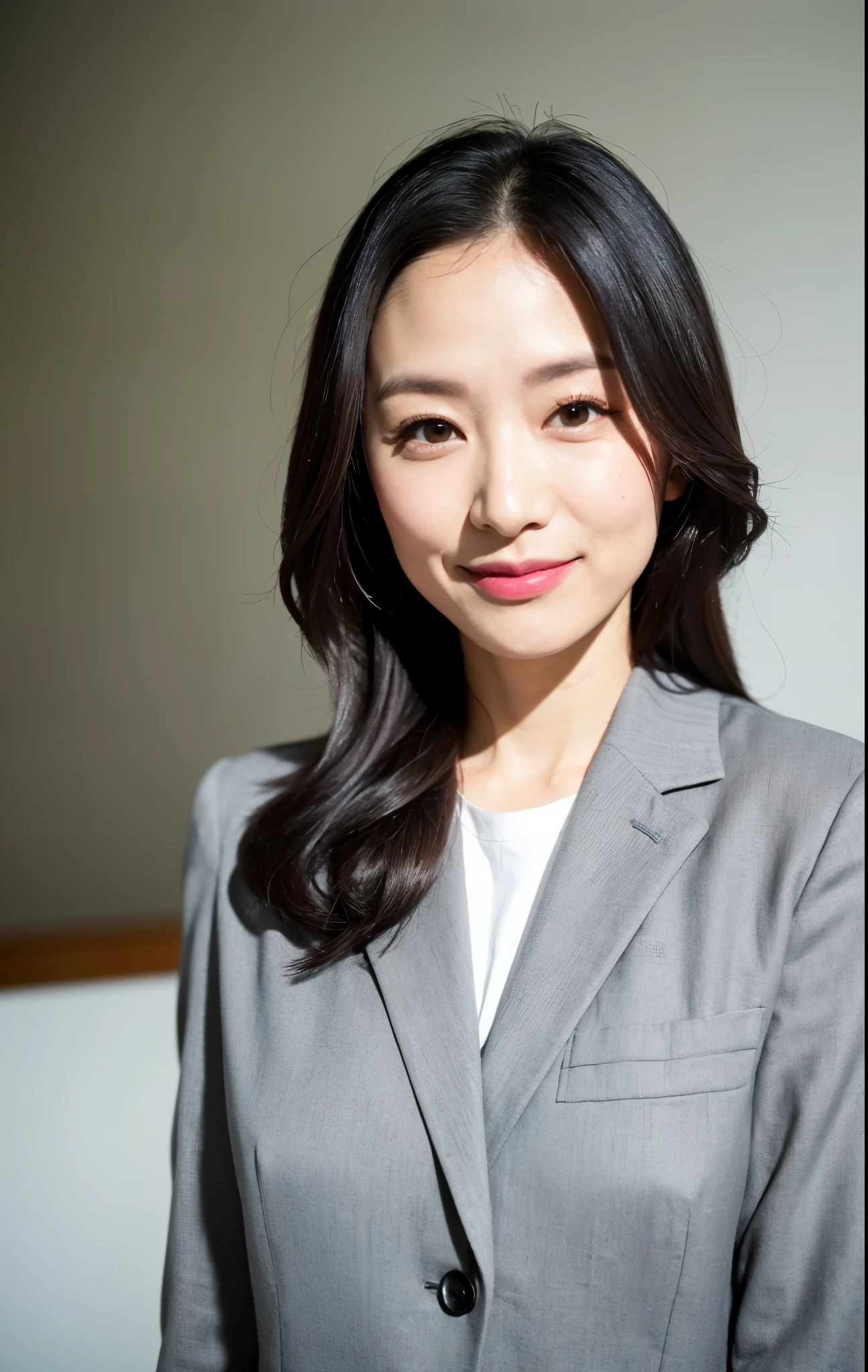 masterpiece,best quality, (1 milf), ((middle shot:1)), cross arms, glare, gray blazer, white shirt, double eyelid, eyelash, lip gloss, (smile:1), ((close eyes:0.85)), ((open mouth:1)), ((Looking at Viewer)), RAW, instagram LUT