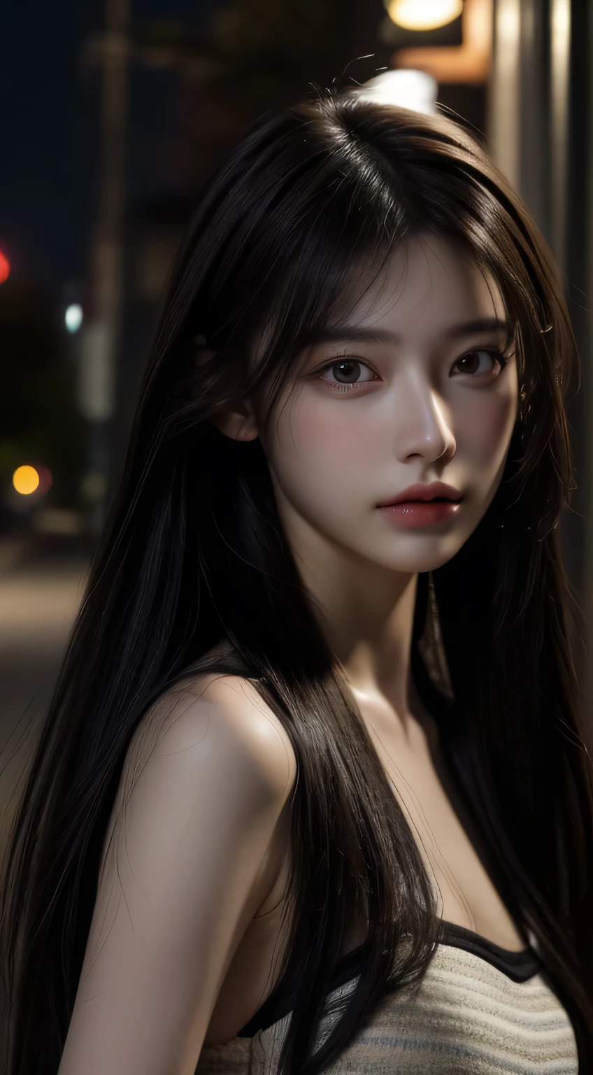 ((realistic lighting, highest quality, 8K, masterpiece: 1.3)), clear focus: 1.2, 1 girl, , ((dark brown hair, big: 1.3)), (hurry: 1.4), (outdoors, night: 1.1), street style, super slender face, fine eyes, double eyelid,always look forward、 smile a little, incredibly absurd, messy hair, floating hair,