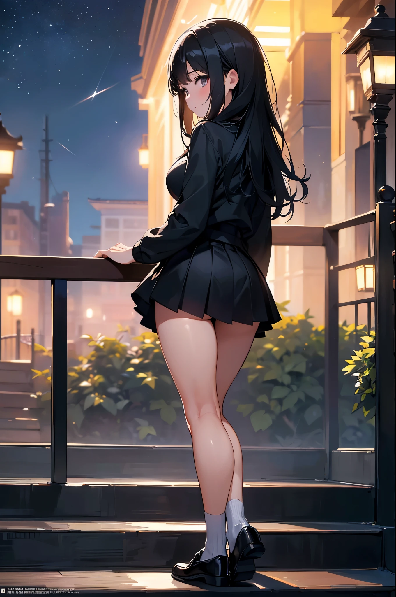 1 girl, , UHD, retina, masterpiece, precise, anatomically correct, textured skin, Super details, high detail, high quality, Award-winning, best quality, high resolution, HD, 4K,(Japanese cartoons,8k,masterpiece, quality, best quality,Beautiful and beautiful:1.2,Professional illustration:1.1,Ultra-detailed:1.perfect lighting),extremely detailed,most detailed,Extremely ridiculous,high resolution,Ultra-detaileded,complex:1.6, butt lift,cute pose,(Long black hair,miniskirt,Blouse,Student shoes,staircase,night,starry sky),