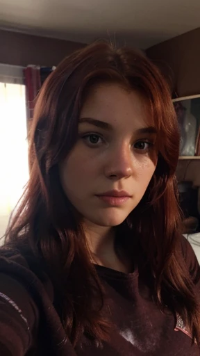 (worst quality,realistic,highres:1.2),18-year-old girl,serious expression,red hair,natural clothing,private bedroom,selfie,focused on face,dark colors,soft shadows