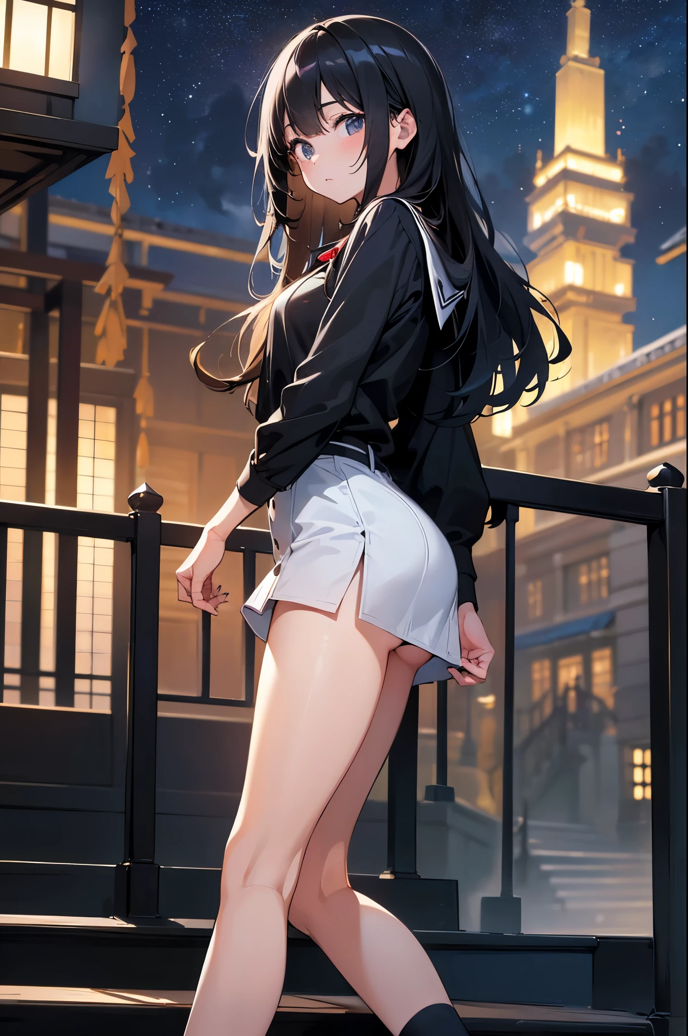 1 girl, , UHD, retina, masterpiece, precise, anatomically correct, textured skin, Super details, high detail, high quality, Award-winning, best quality, high resolution, HD, 4K,(Japanese cartoons,8k,masterpiece, quality, best quality,Beautiful and beautiful:1.2,Professional illustration:1.1,Ultra-detailed:1.perfect lighting),extremely detailed,most detailed,Extremely ridiculous,high resolution,Ultra-detaileded,complex:1.6, butt lift,cute pose,(Long black hair,miniskirt,Blouse,Student shoes,staircase,night,starry sky),