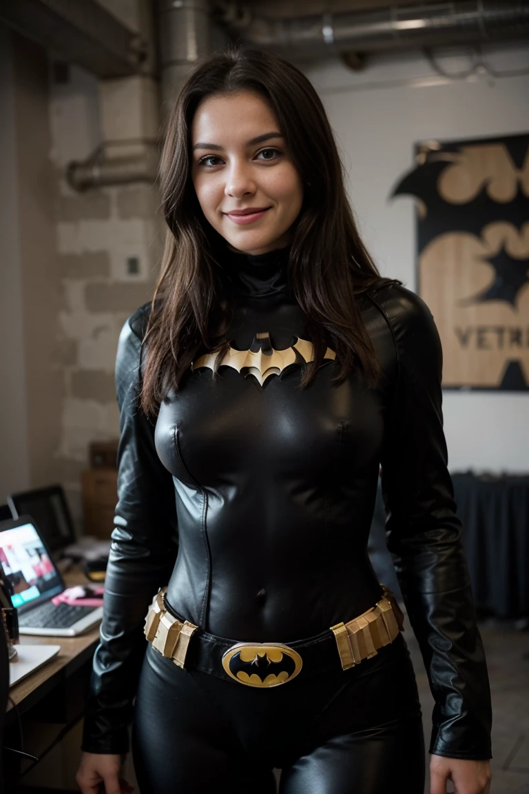 photos D' : cute brunette, tall and slim. she wears a black realistic Batman costume. She wear the batman belt . she is standing ,we can see her entirely. she smiles. she is in the Batcave